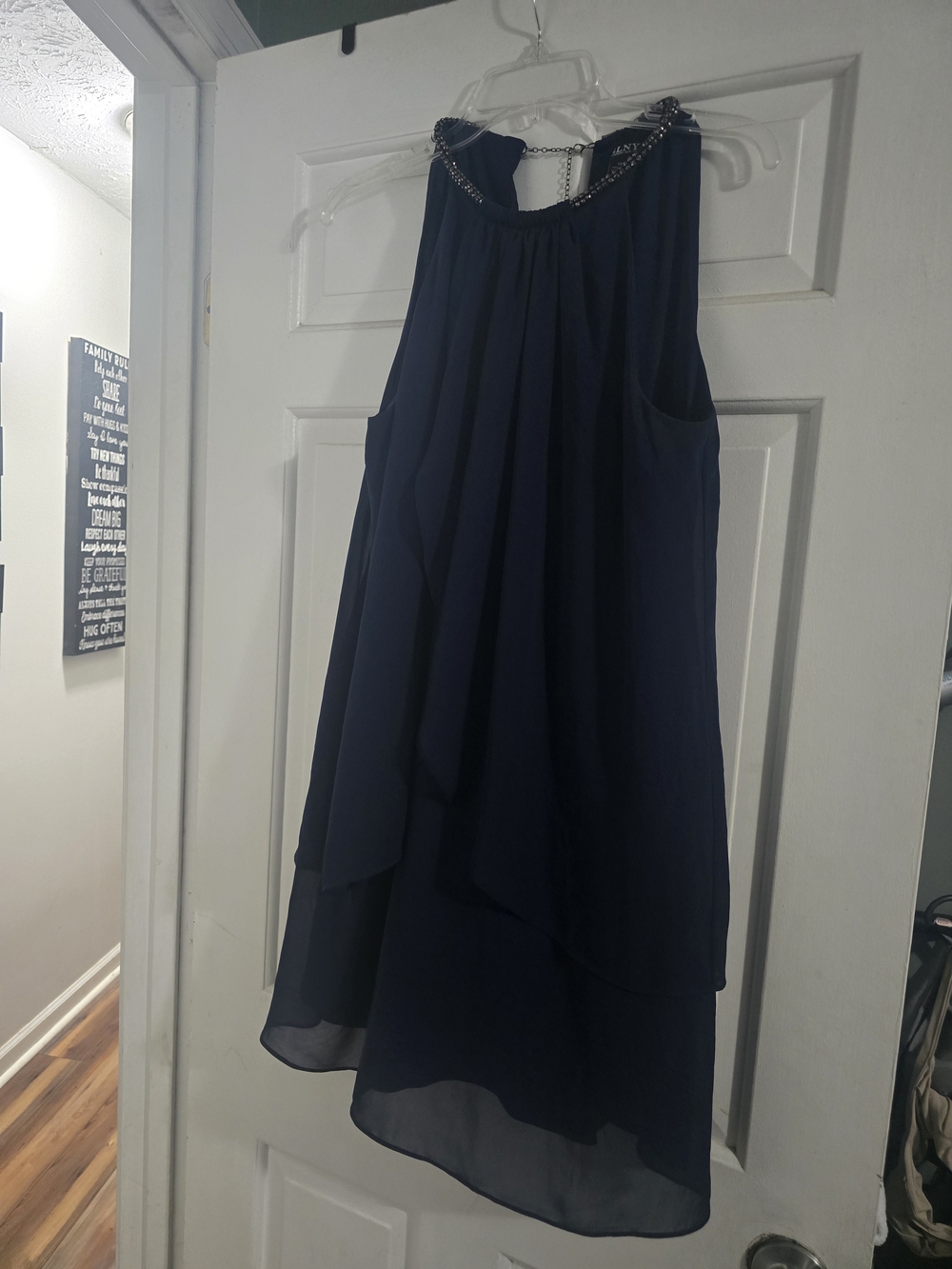SLNY Navy Dress with Embellished Black Beaded Trim
